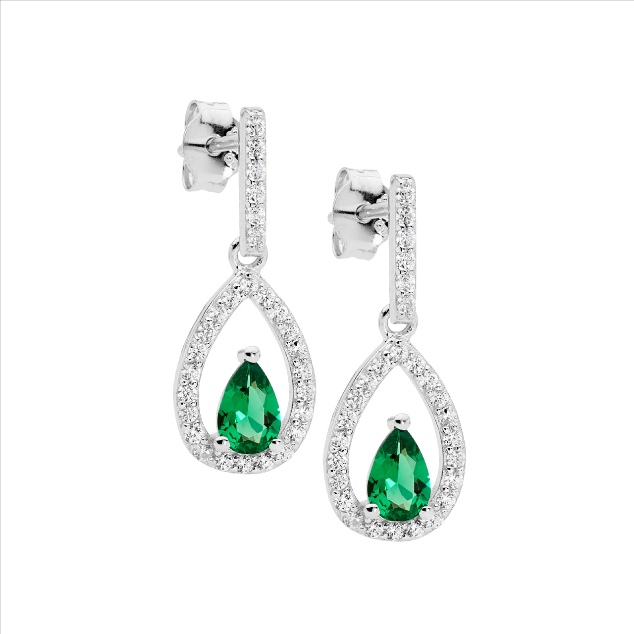 Sterling Silver Open Pear Earrings with White and Green Cubic Zirconia