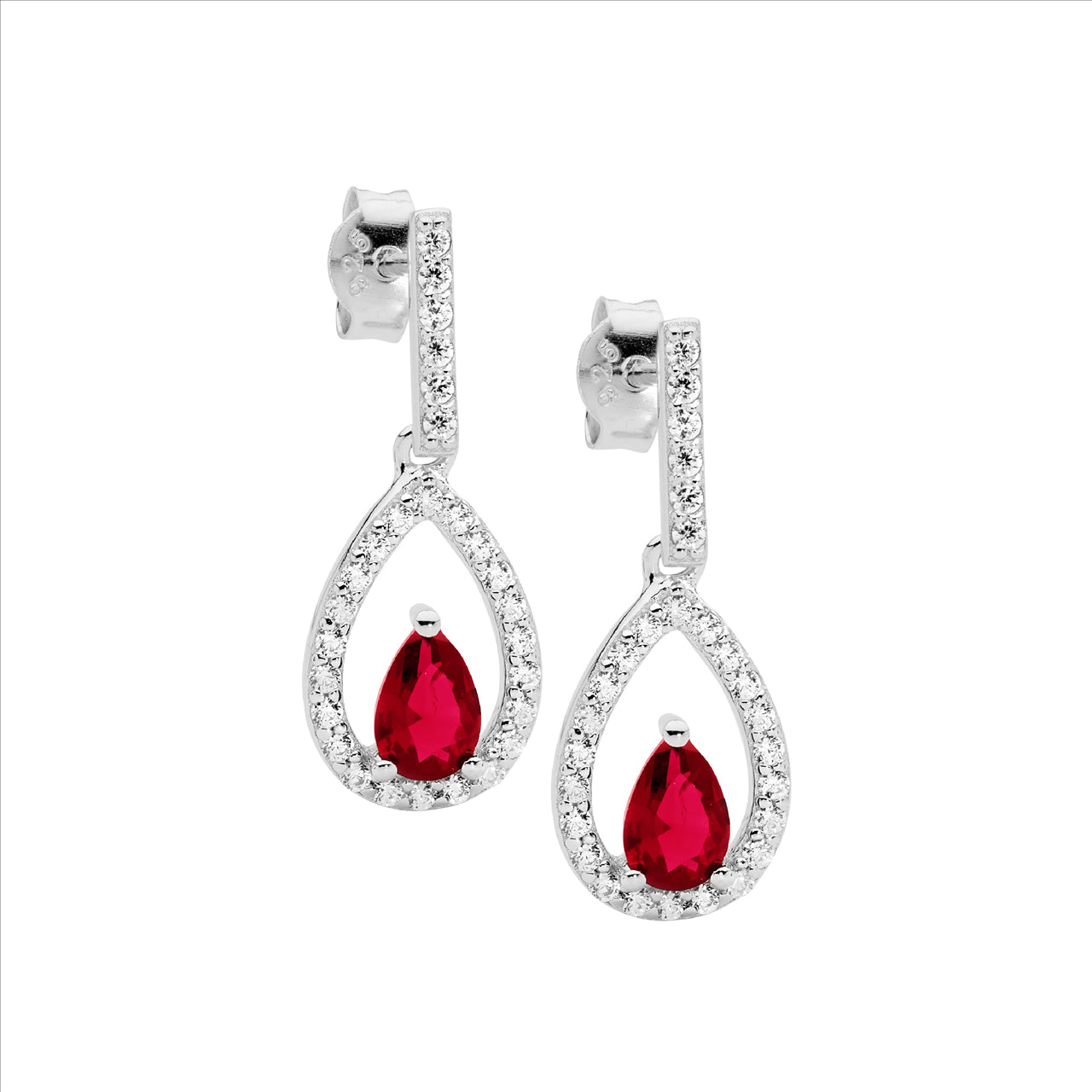 Sterling Silver Open Pear Earrings with White Cubic Zirconia and Red Pear CZ Center Drop