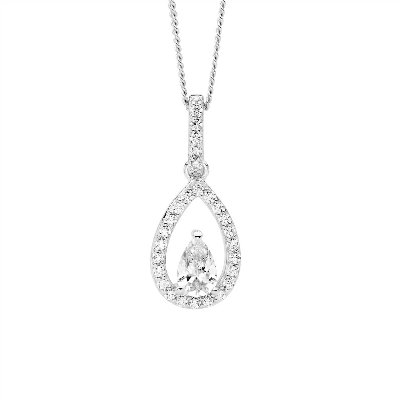 Sterling Silver Open Pear Pendant with White Cubic Zirconia and White Pear CZ Center Drop