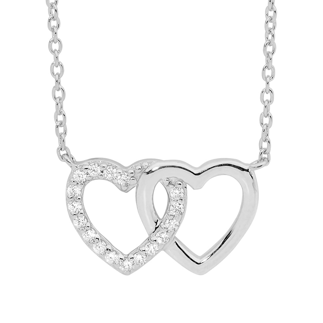 Sterling Silver Double Linked Heart Pendant with White Cubic Zirconia and Attached Chain