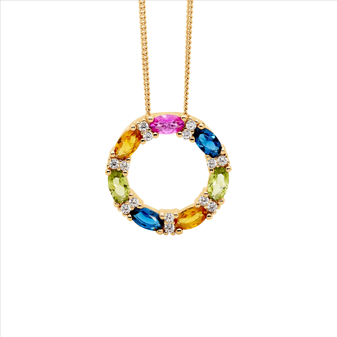 Sterling Silver 18mm Circle Pendant with Multi-Color Oval & White Round Cubic Zirconia and Gold Plating