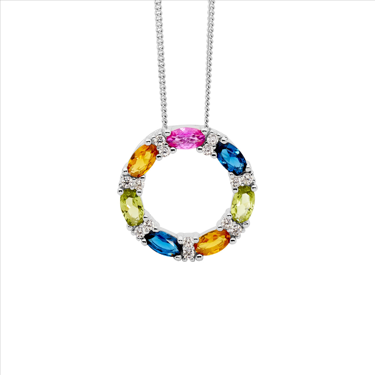 Sterling Silver 18mm Circle Pendant with Multi-Color Oval and White Round Cubic Zirconia