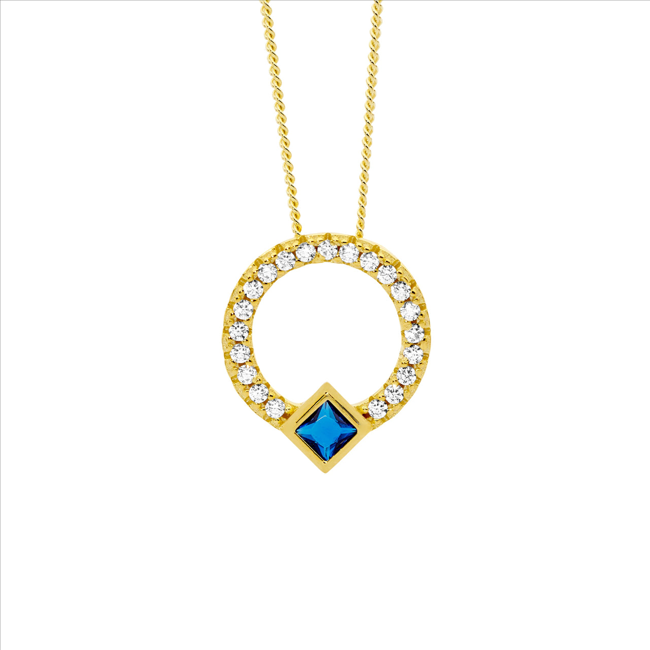 Gold Plated Open Circle Pendant with Blue Cubic Zirconia