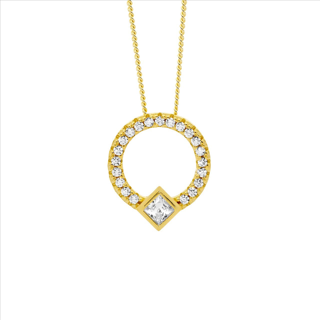 Sterling Silver 13mm Open Circle Pendant with White Cubic Zirconia, Princess Cut Bezel Set, and Gold Plating