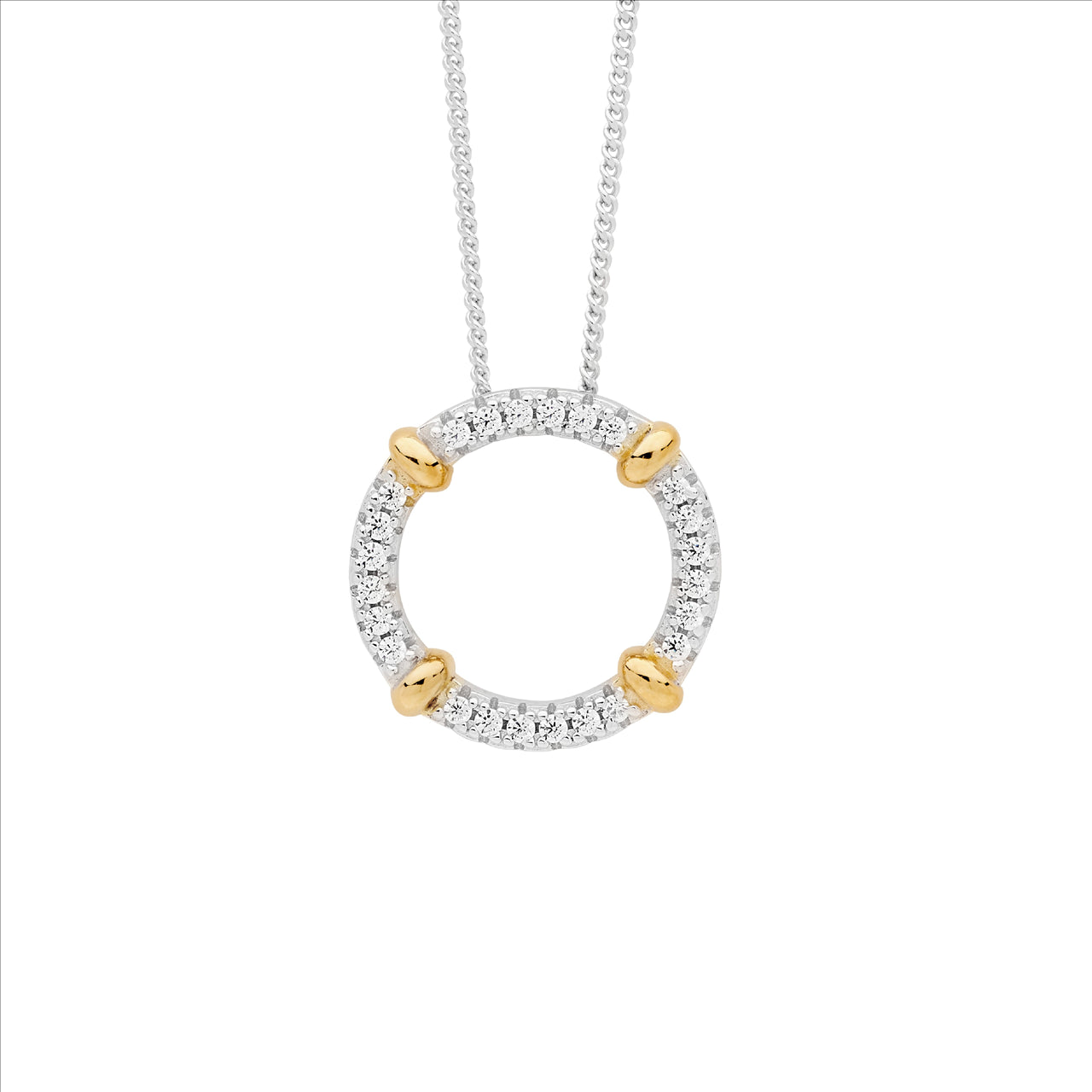 Sterling Silver 16mm Circle Pendant with White Cubic Zirconia and Gold Plated Bands