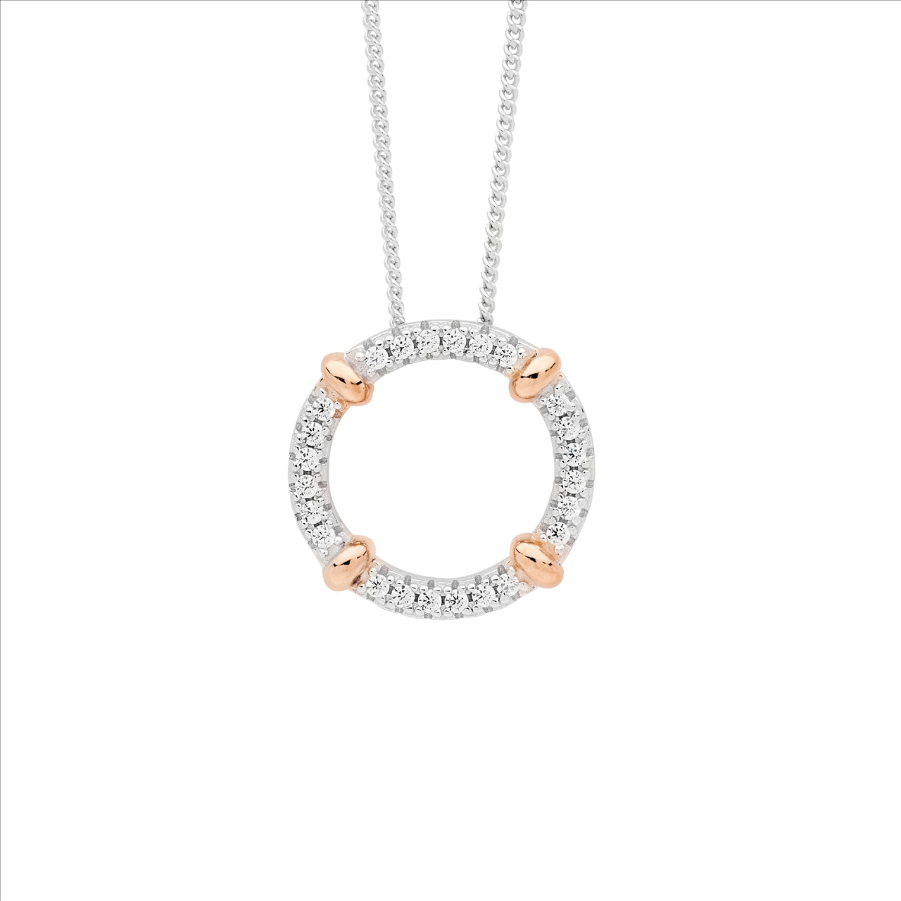 Sterling Silver 16mm Circle Pendant with White Cubic Zirconia and Rose Gold Plated Bands