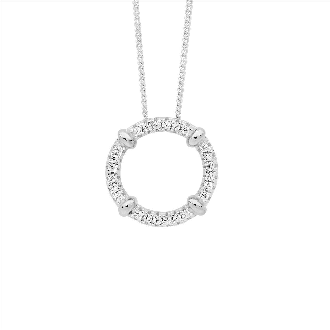 Sterling Silver 16mm Circle Pendant with White Cubic Zirconia and Plain Silver Bands