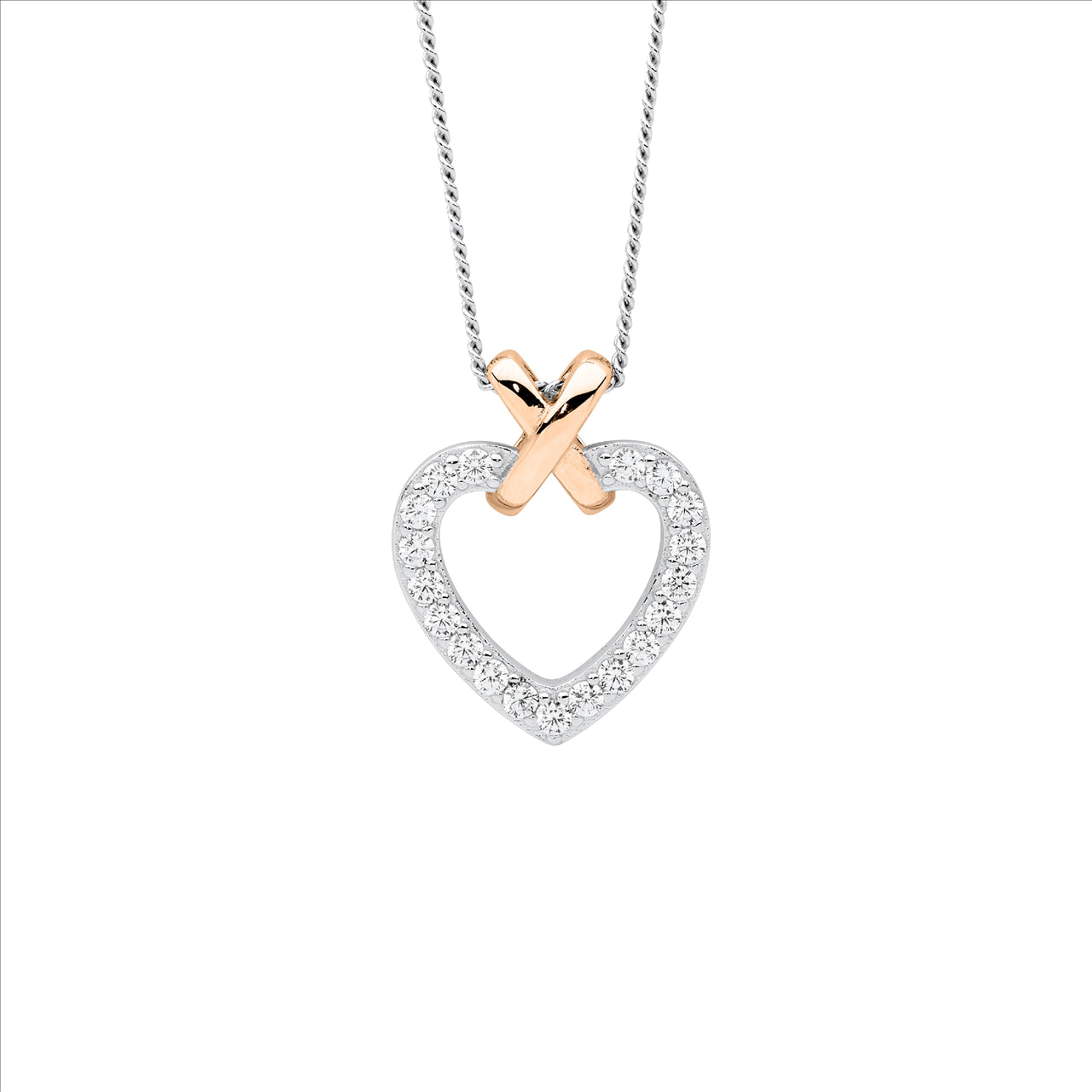 Sterling Silver Heart Pendant with White Cubic Zirconia and Rose Gold Plated X