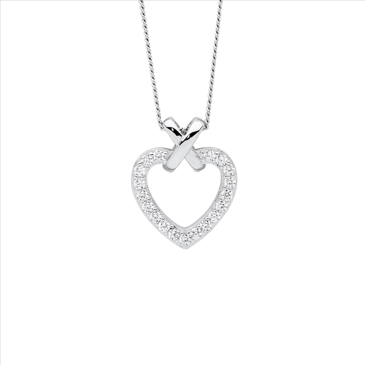 Sterling Silver Heart Pendant with White Cubic Zirconia and Plain Silver X