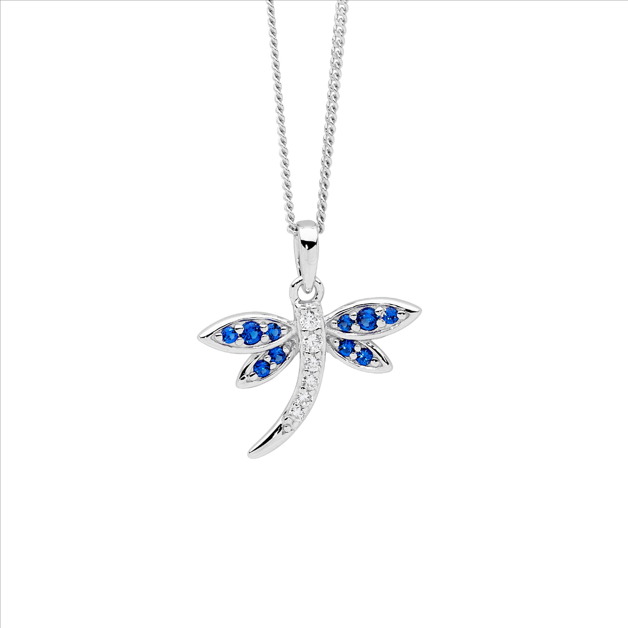 Sterling Silver Dragonfly Pendant with White and Dark Blue Cubic Zirconia