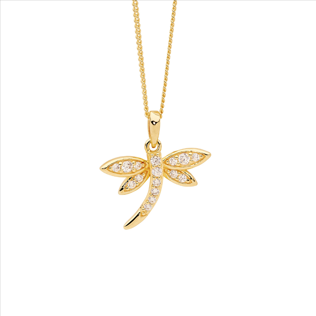 Sterling Silver Dragonfly Pendant with White Cubic Zirconia and Gold Plating