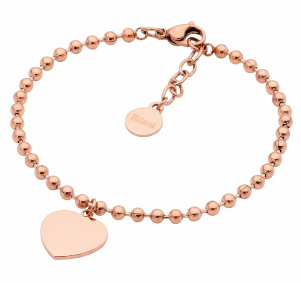 Ellani Rose Plated Stainless Steel Ball Bracelet with Heart Charm – 18cm