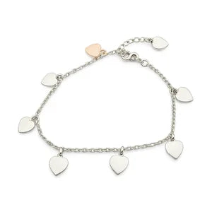 Sterling Silver Oval Belcher Bracelet with 7 Disc Heart Charms