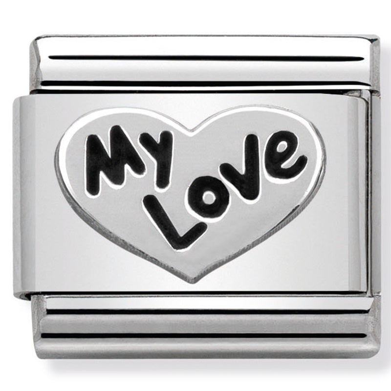Silver "My Love" in Heart Link