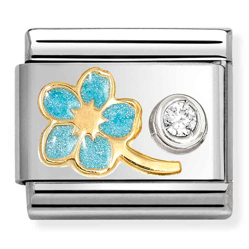 Gold with Blue Forget Me Not and Cubic Zirconia Link