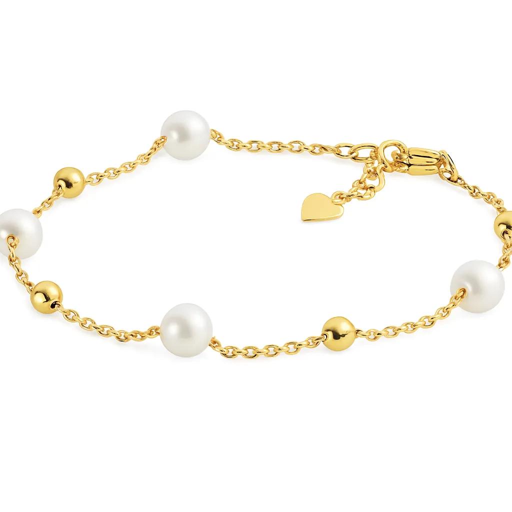 Sterling Silver Freshwater Pearl & Ball Bracelet with Gold Plating (18+2cm)