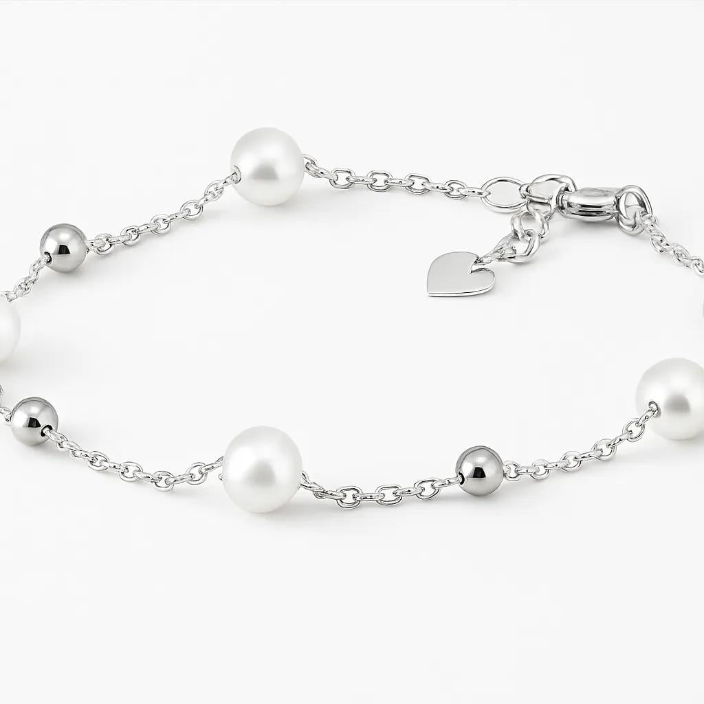 Sterling Silver Freshwater Pearl & Ball Bracelet (18+2cm)