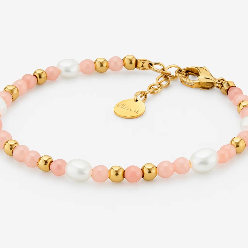 Stainless Steel Rose Quartz & Freshwater Pearl Bracelet with Gold IP Plating (17.5cm)