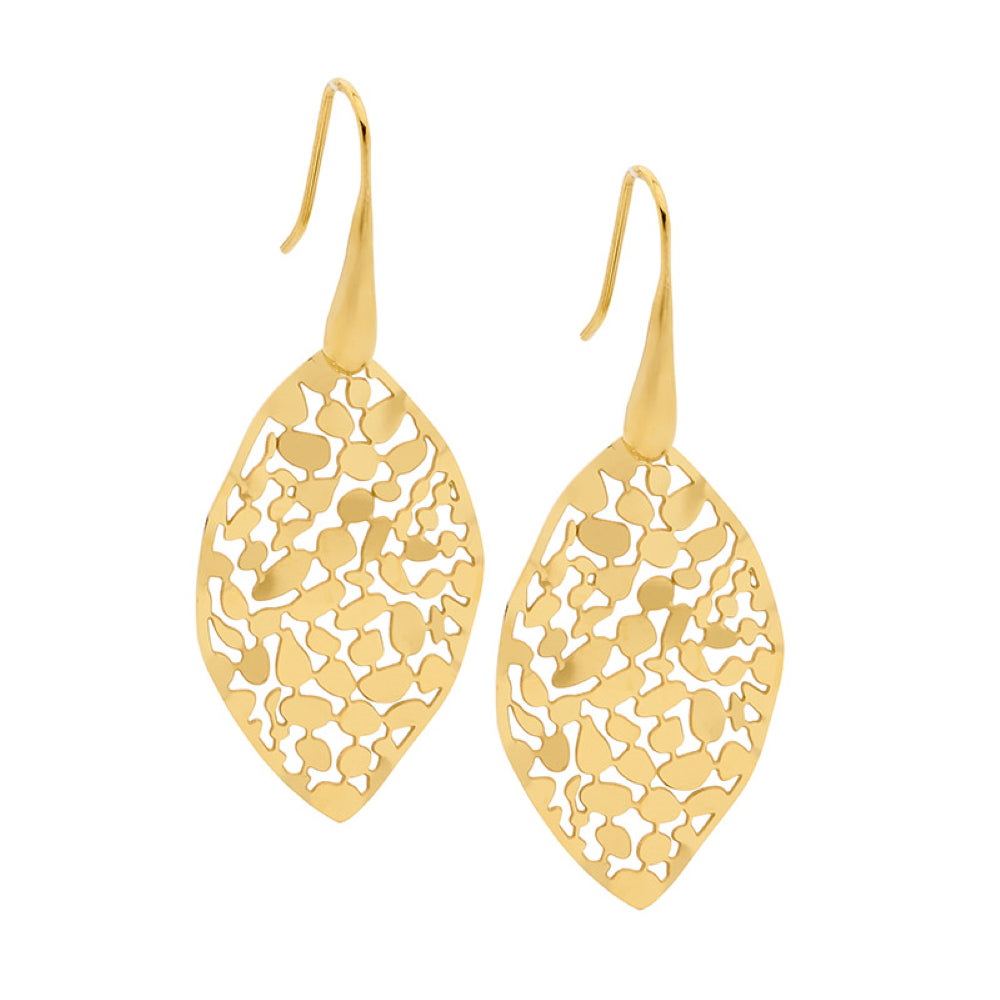 Stainless Steel Gold Plated Shepard Hook Leaf Earrings