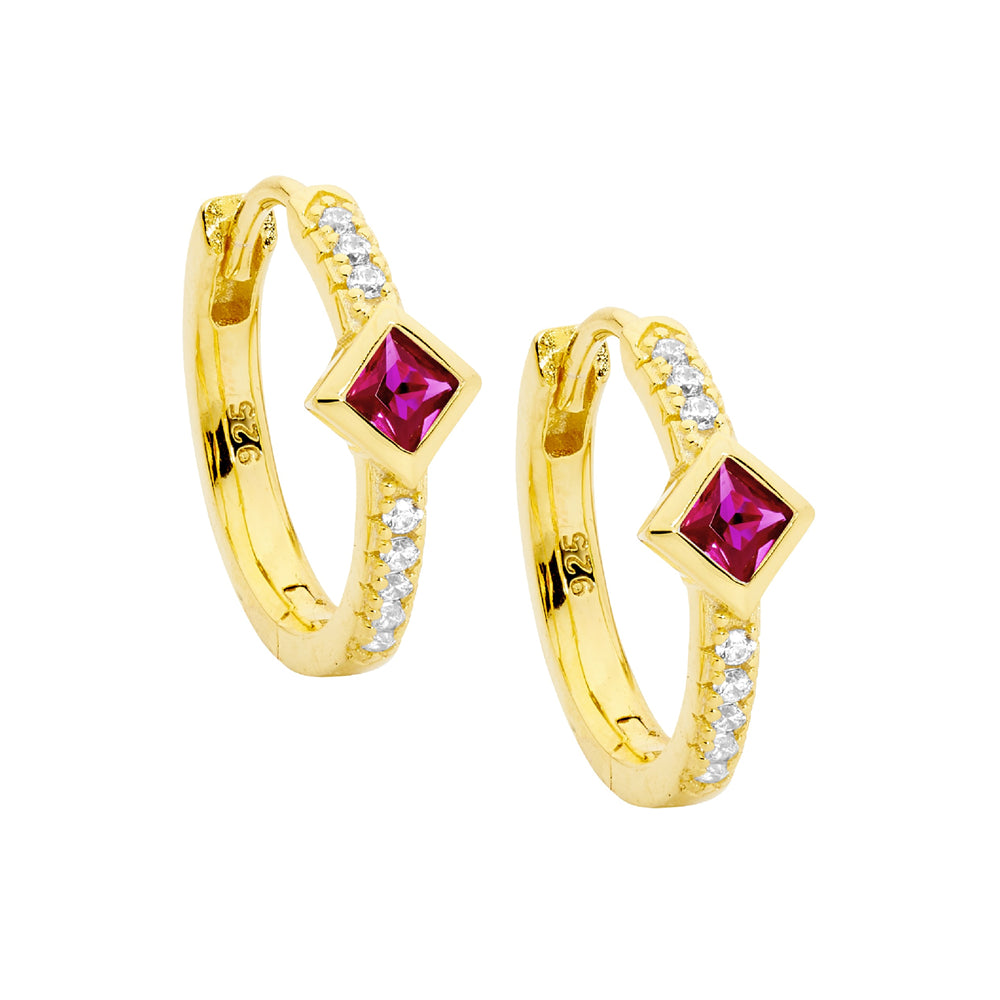 Sterling Silver Gold Plated White and Red Cubic Zirconia Hoop Earrings
