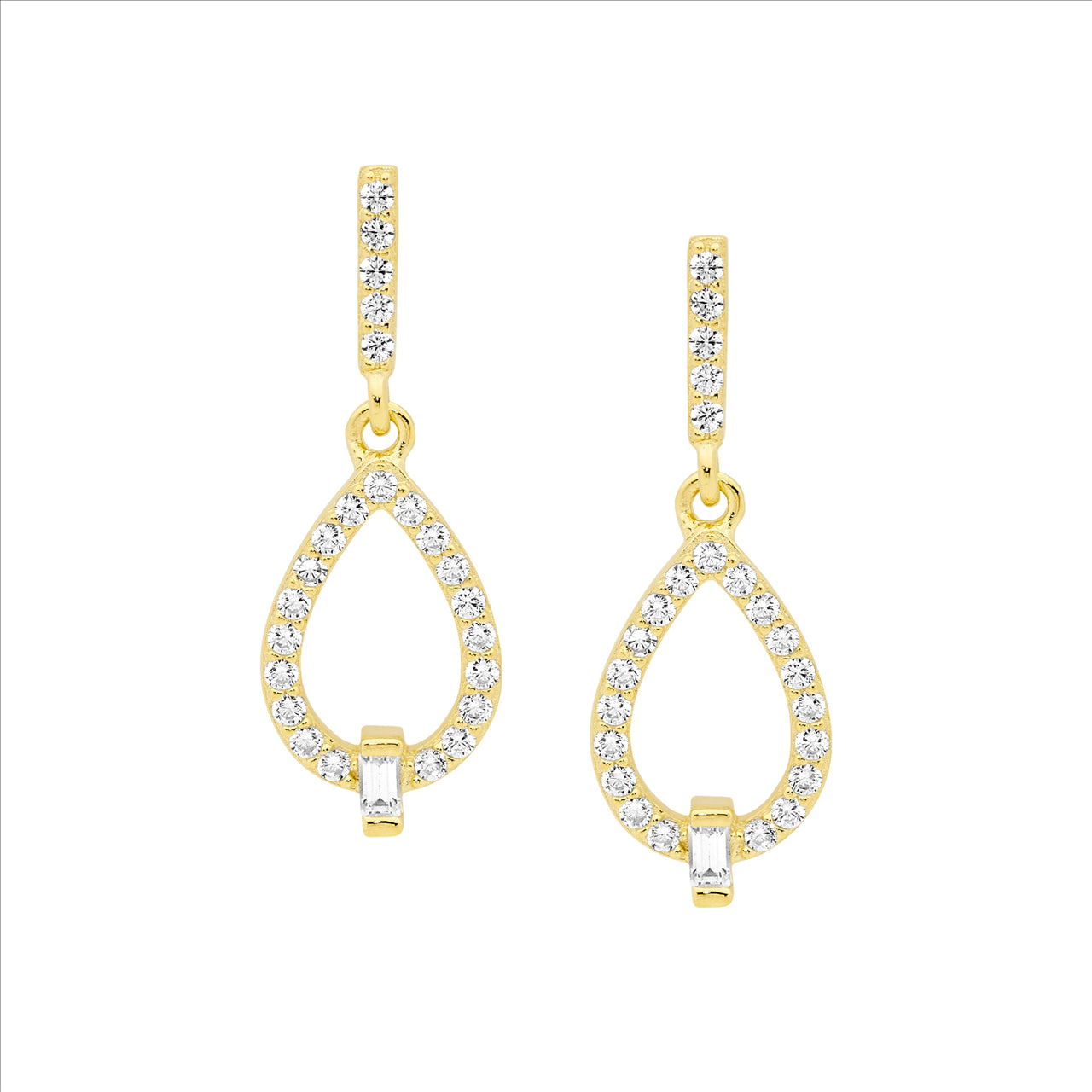 Ellani S/S G/P, WH CZ Emerald Cut Centre Open Drop Earrings