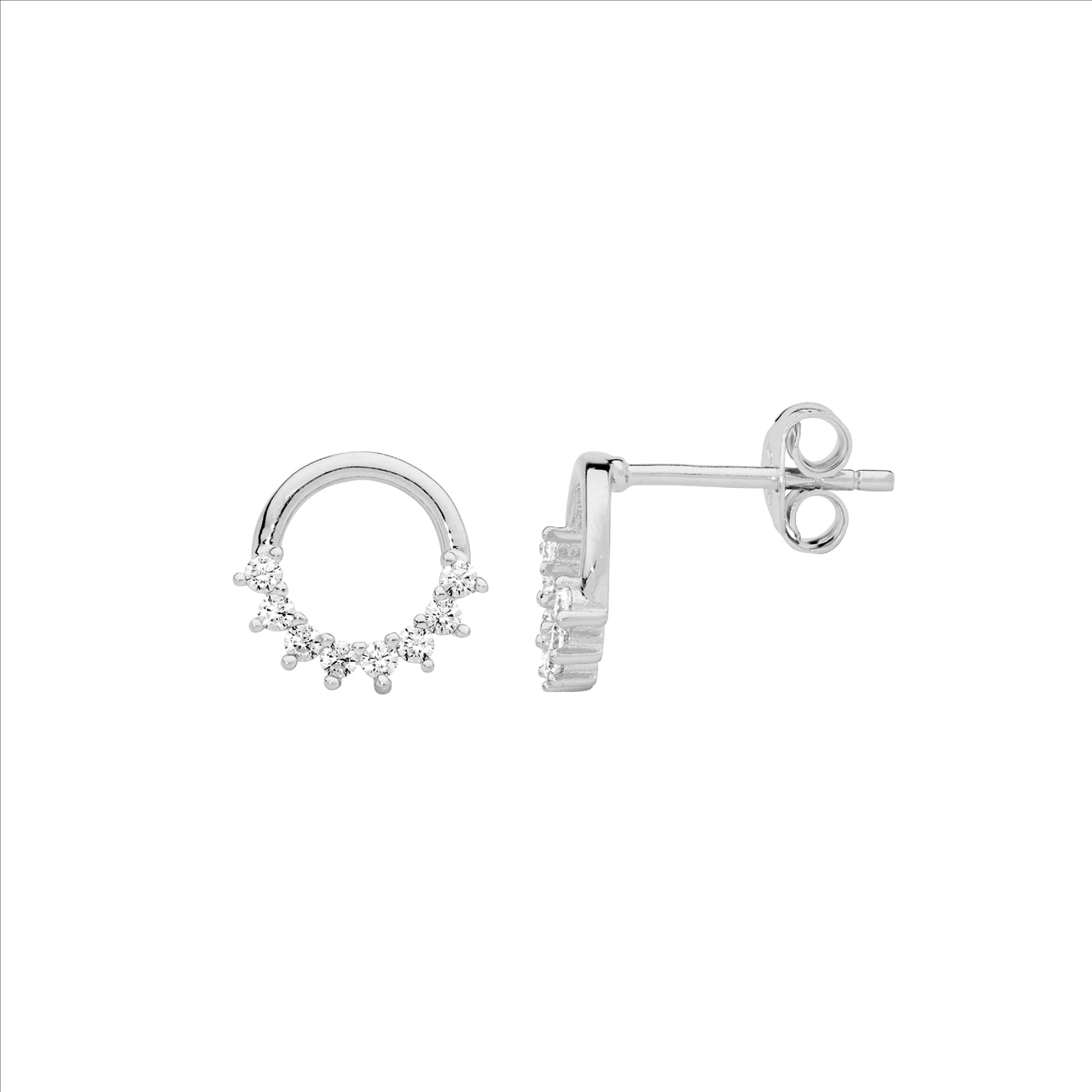 Ellani S/S, WH CZ Half, Open Circle Stud Earrings