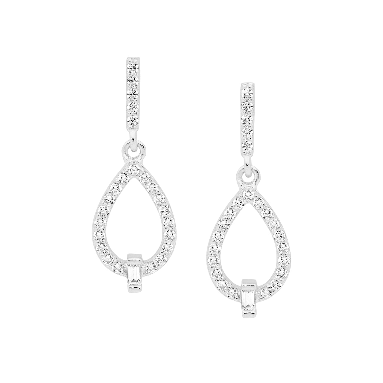 Ellani S/S, WH CZ Emerald Cut Centre Open Drop Earrings
