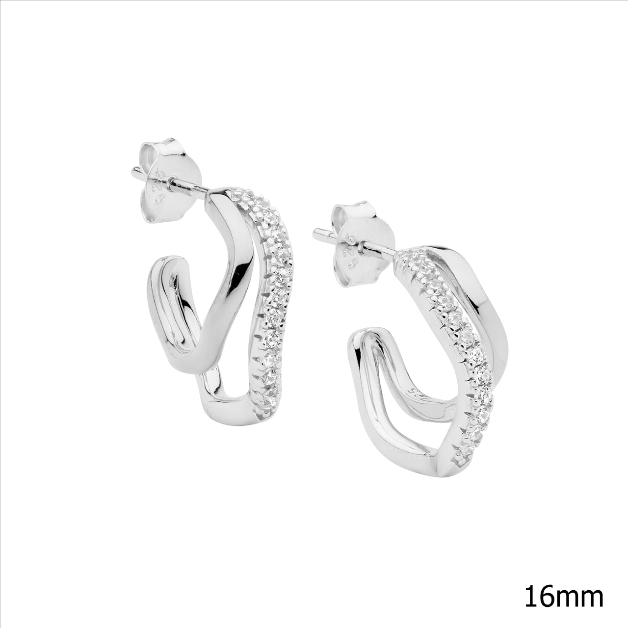 Sterling Silver 16mm Double Wave Hoop Earrings with White Cubic Zirconia