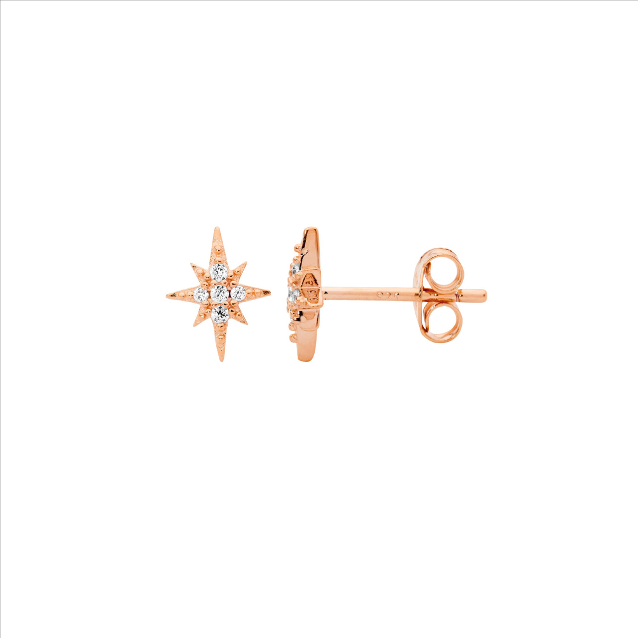 White CZ Star Stud Earrings with Rose Gold Plating