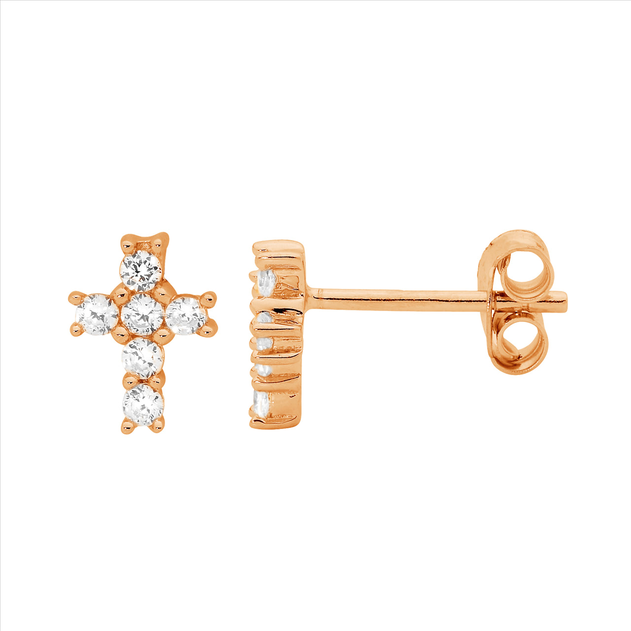 SS WH CZ Claw Set Small Cross Stud Earrings w/ Rose Gold Plating - RRP $59