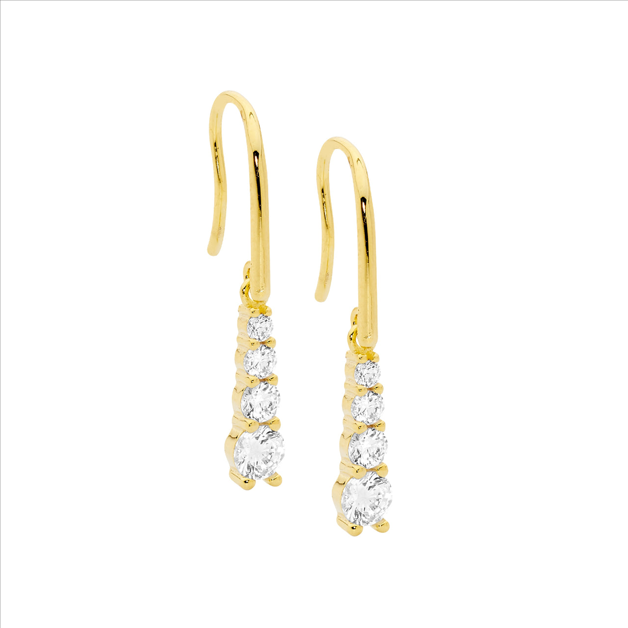 SS 4 round wh cz gradual drop earrings on shp/hook w/ gold plating