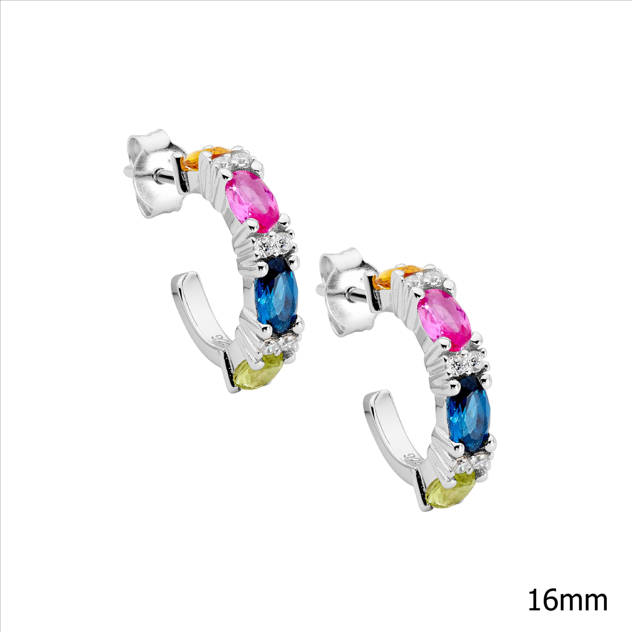 Sterling Silver Hoop Earrings with Multi-Colour Oval & White Round Cubic Zirconia