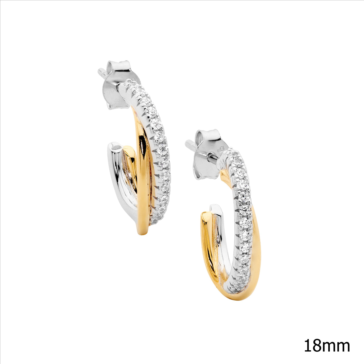 SS 18mm cross over oval hoop earrings, 1x wh cz 1x gold plating