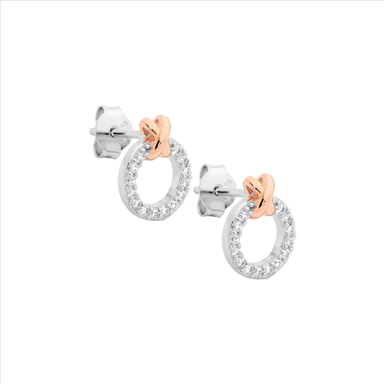 SS wh cz 9mm circle w/rose gold plated x" earrings