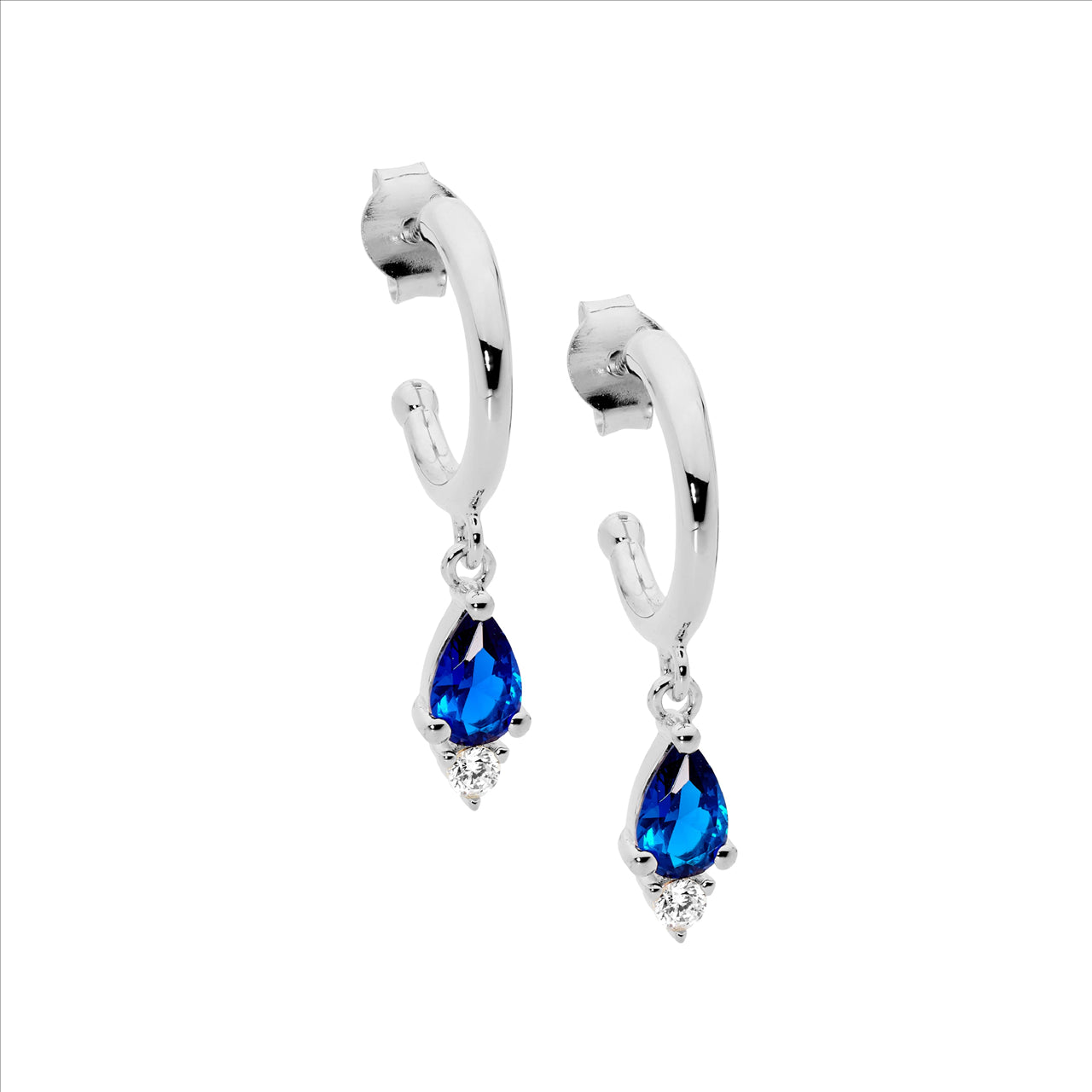 SS 13mm hoop earrings, dk blue pear & wh rnd cz drop