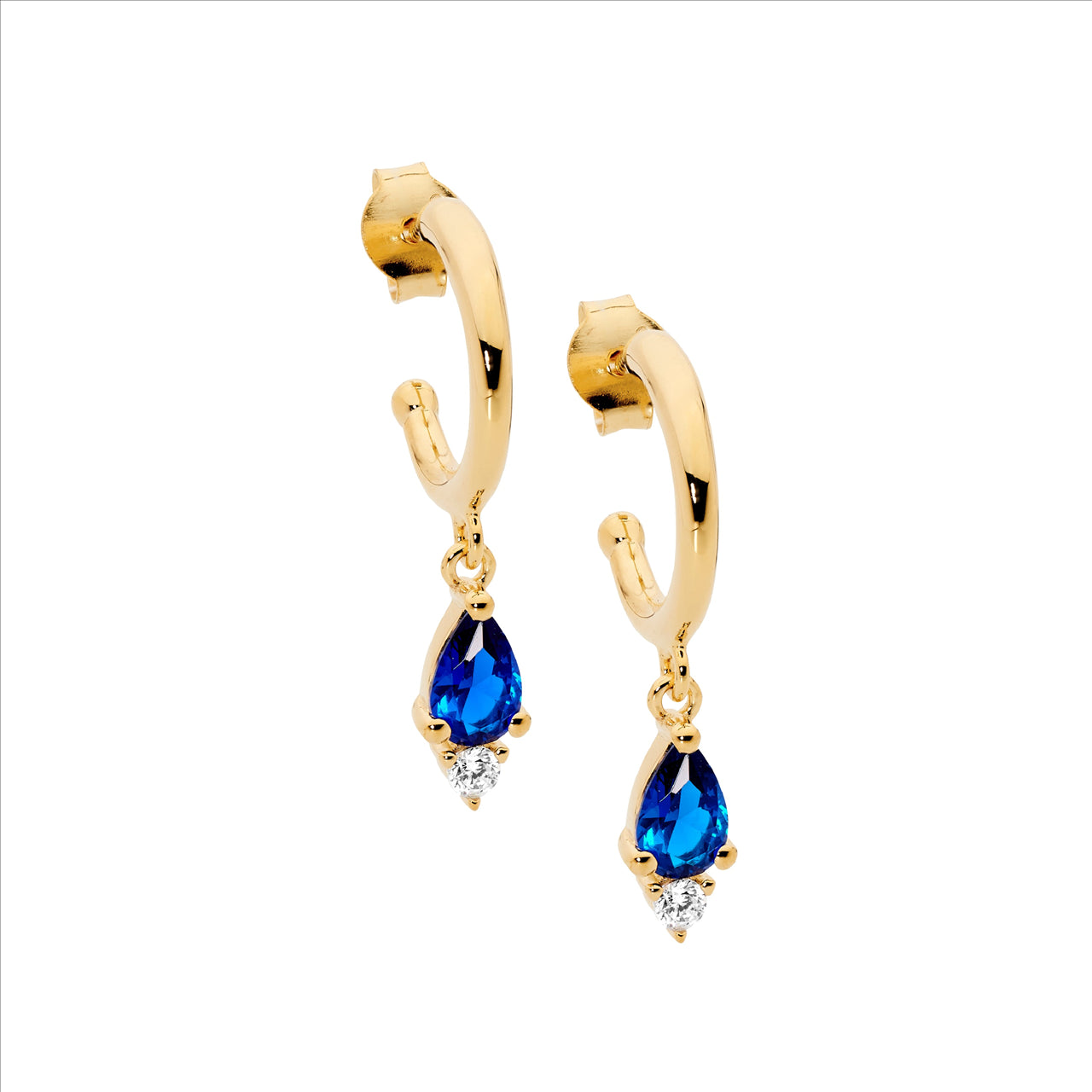 SS 13mm hoop earrings, dk blue pear & wh rnd cz drop w/gold plating