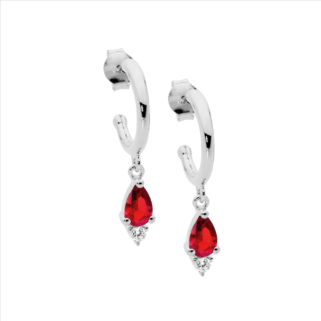 SS 13mm hoop earrings, red pear & wh rnd cz drop