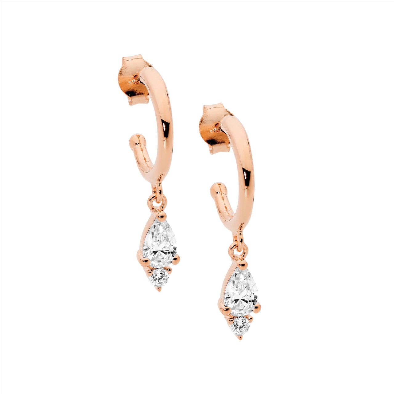 SS 13mm hoop earrings, pear & rnd wh cz drop w/rose gold plating