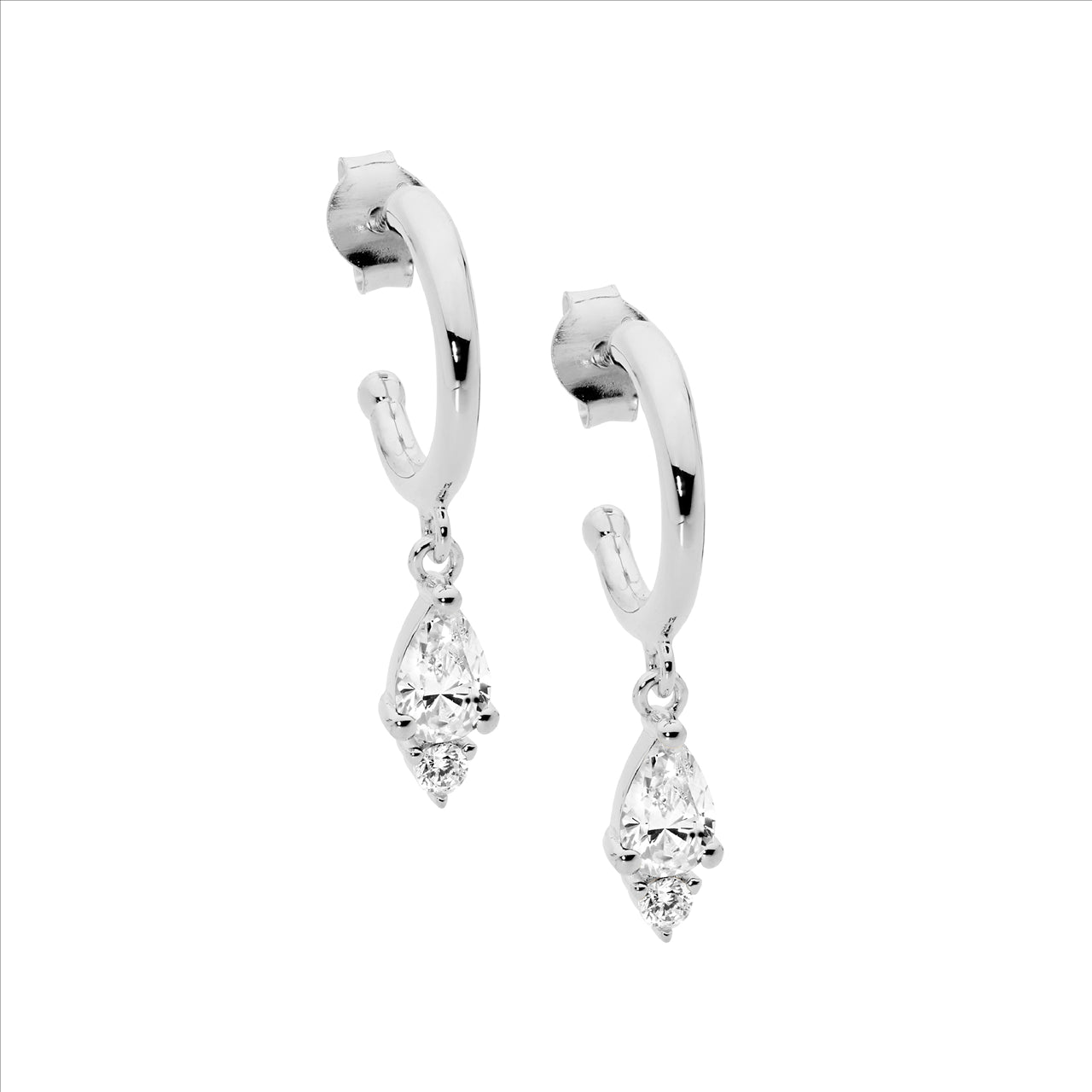 SS 13mm hoop earrings, pear & rnd wh cz drop