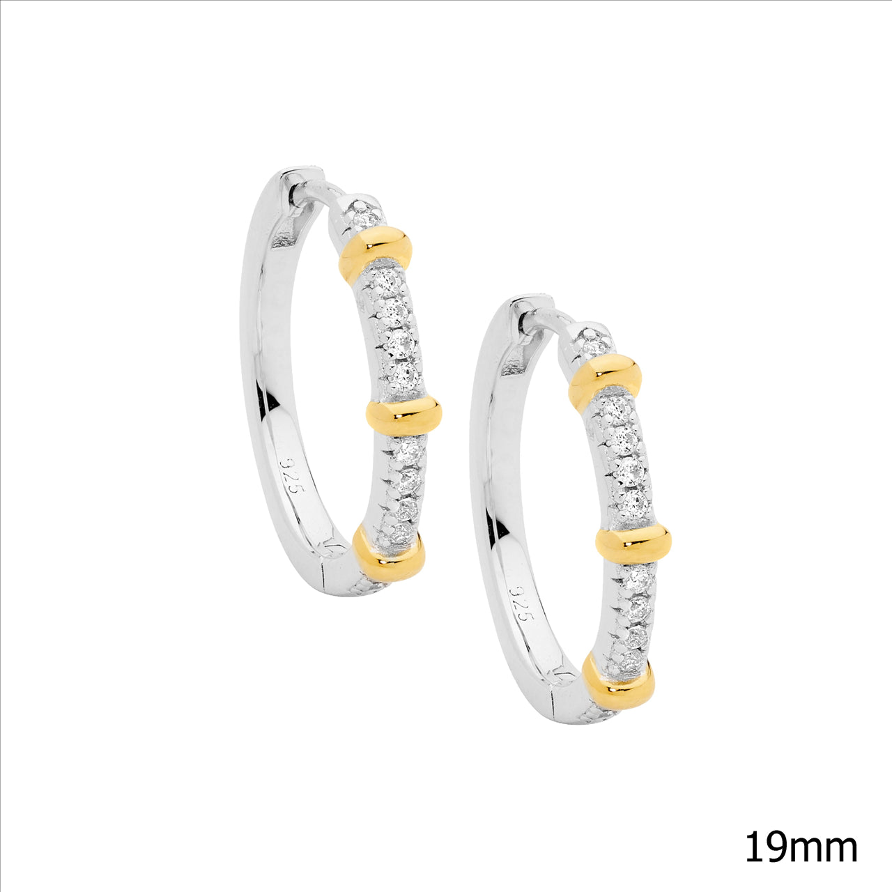 Stainless Steel 19mm White CZ Hoop Earrings with 3 Gold-Plated Bands