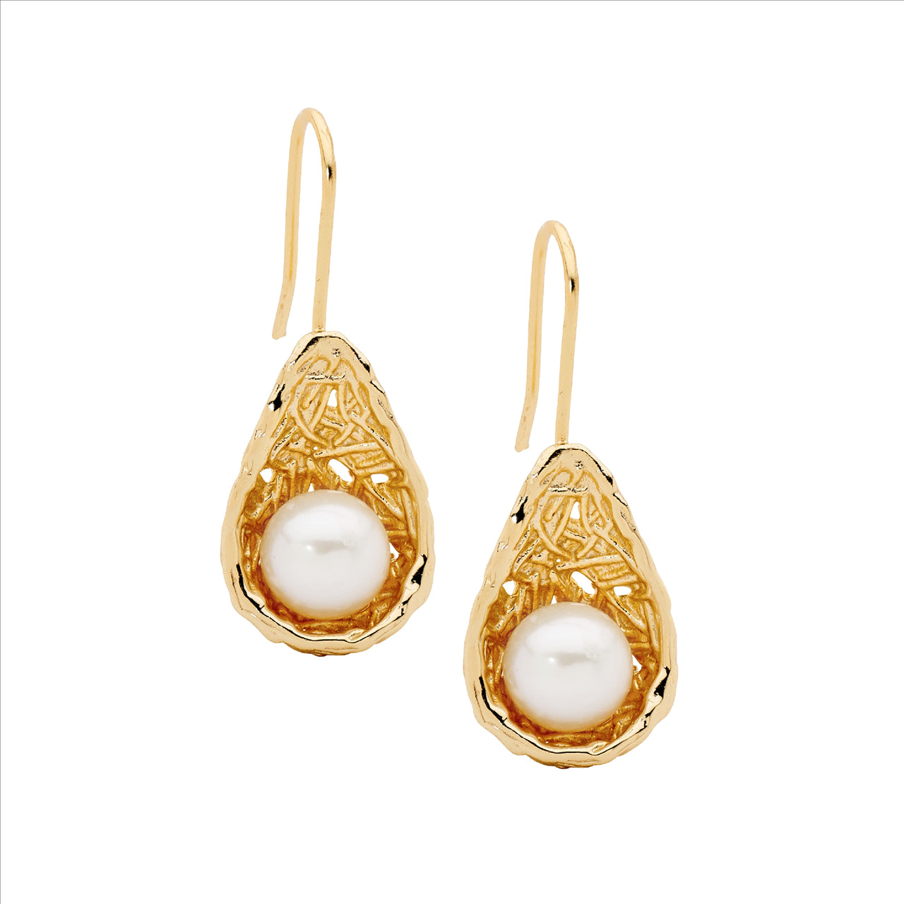 Gold Plated Sterling Silver Freshwater Pearl in Weave Basket Earrings