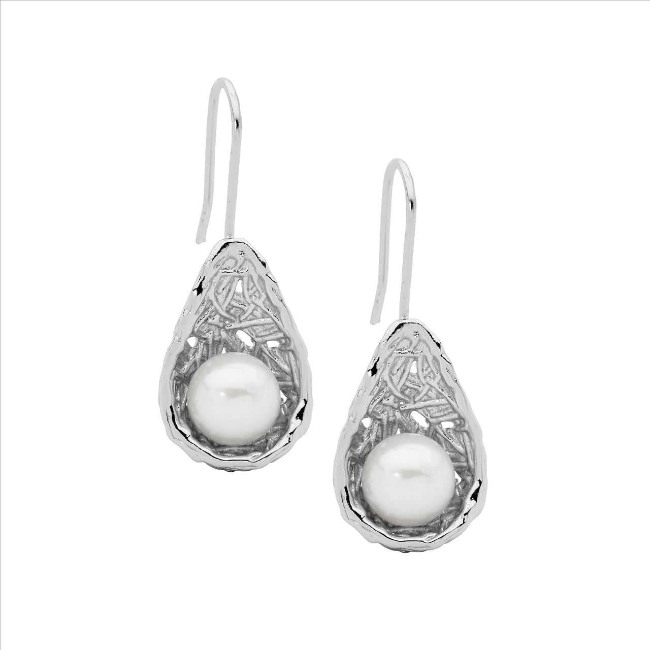 Sterling Silver Freshwater Pearl in Weave Basket Earrings