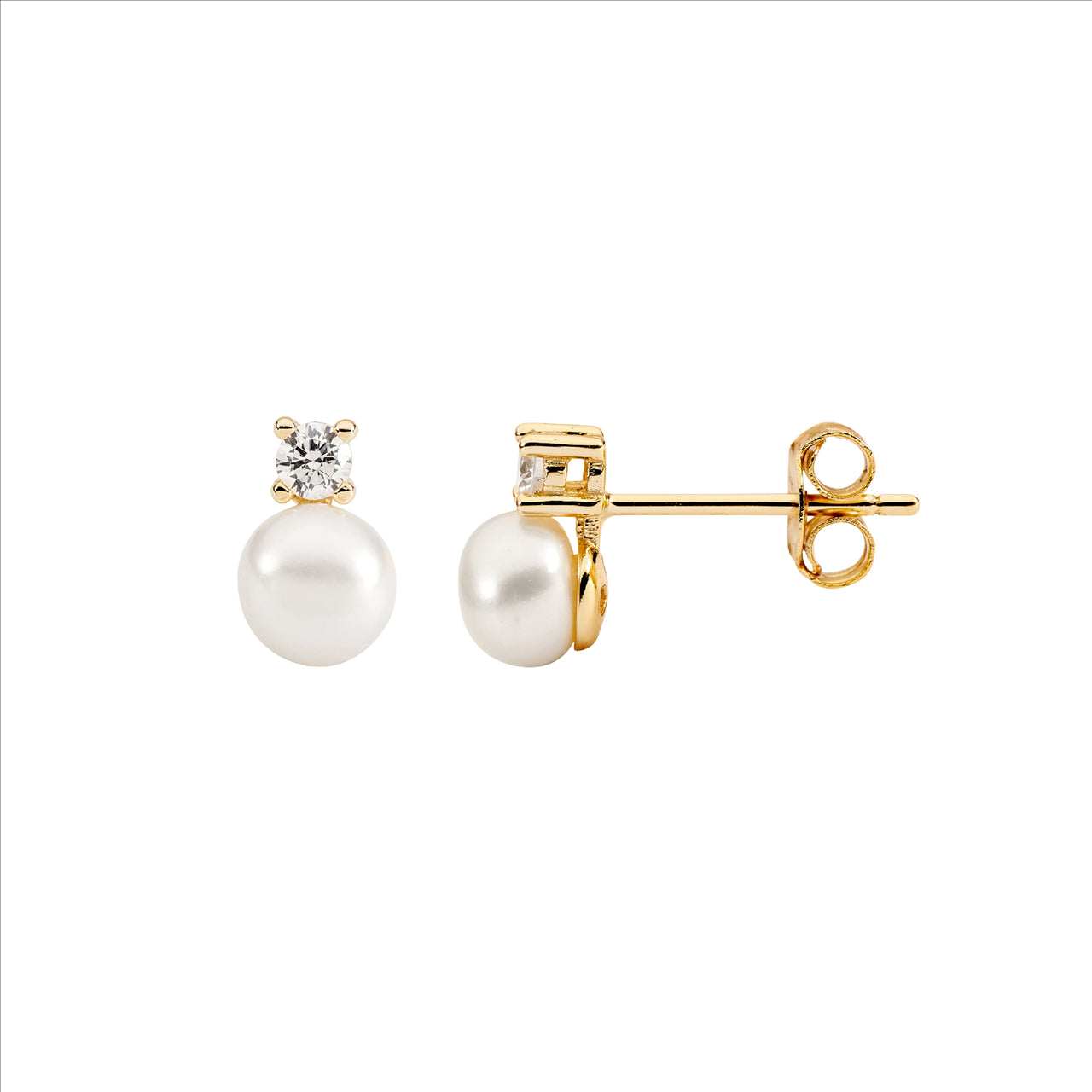 Gold Plated Sterling Silver 2.5mm Claw Set White CZ & 5mm Freshwater Pearl Earrings