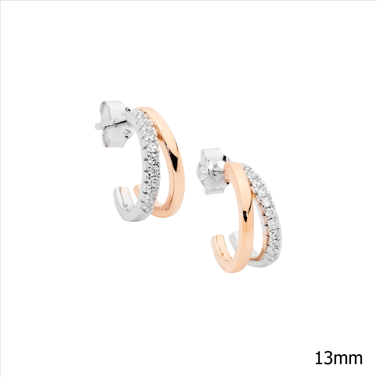 Rose Gold Plated Sterling Silver 13mm Double Split Hoop Earrings with White CZ