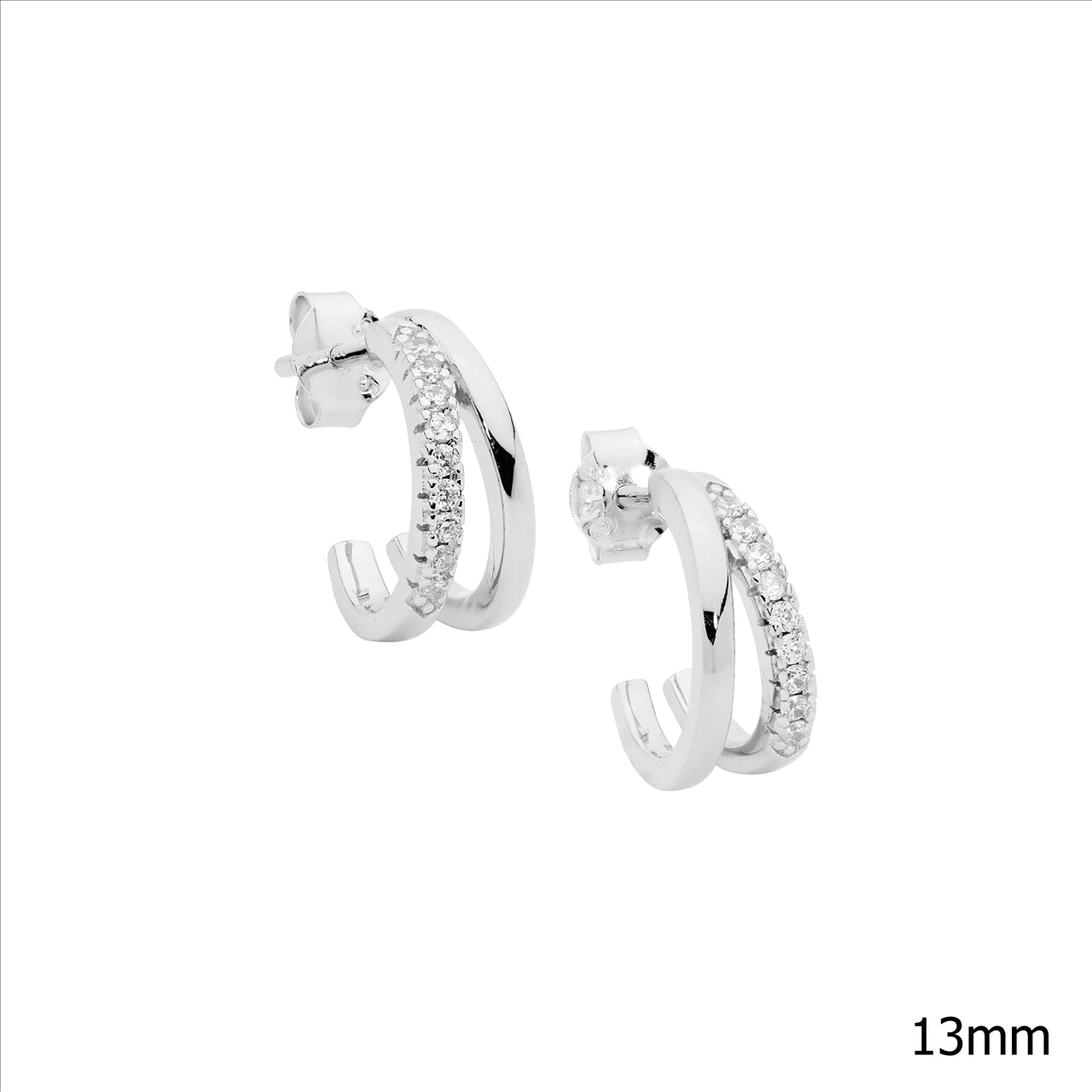 Sterling Silver 13mm Double Split Hoop Earrings with White CZ