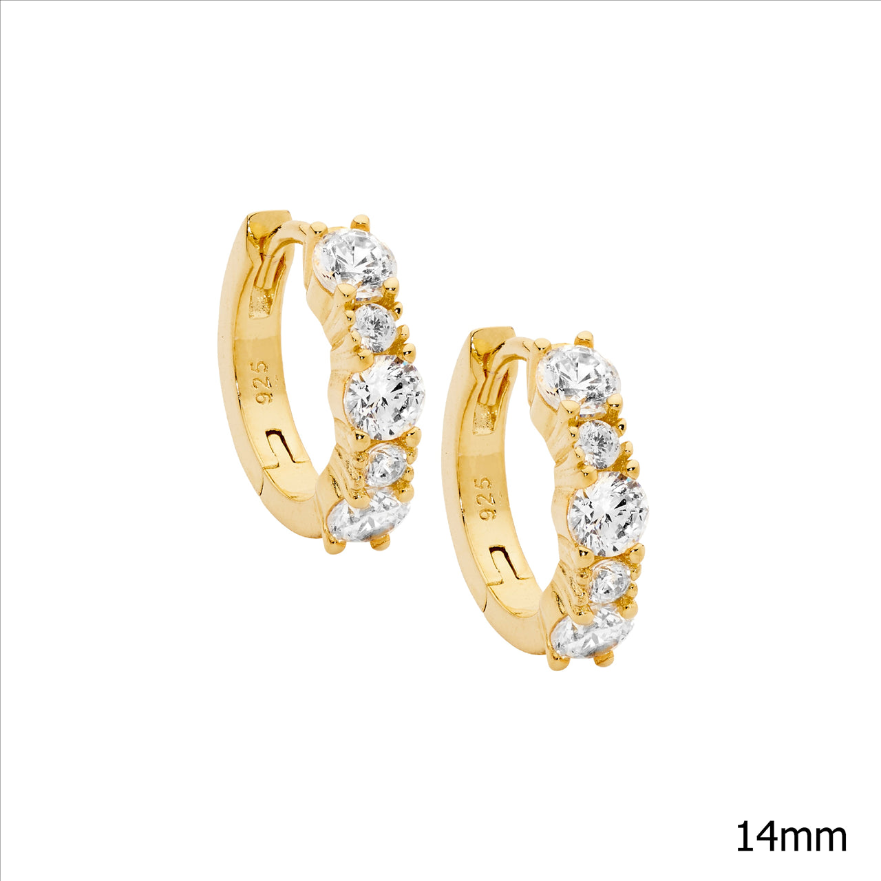 Gold Plated Sterling Silver 14mm Hoop Earrings with 2mm & 3.5mm White CZ