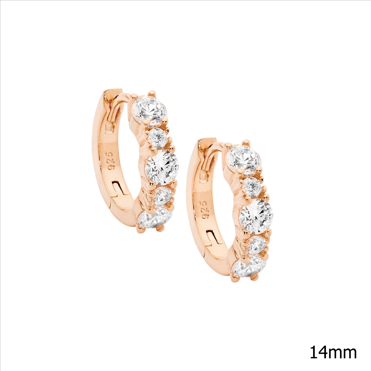 Rose Gold Plated Sterling Silver 14mm Hoop Earrings with 2mm & 3.5mm White CZ