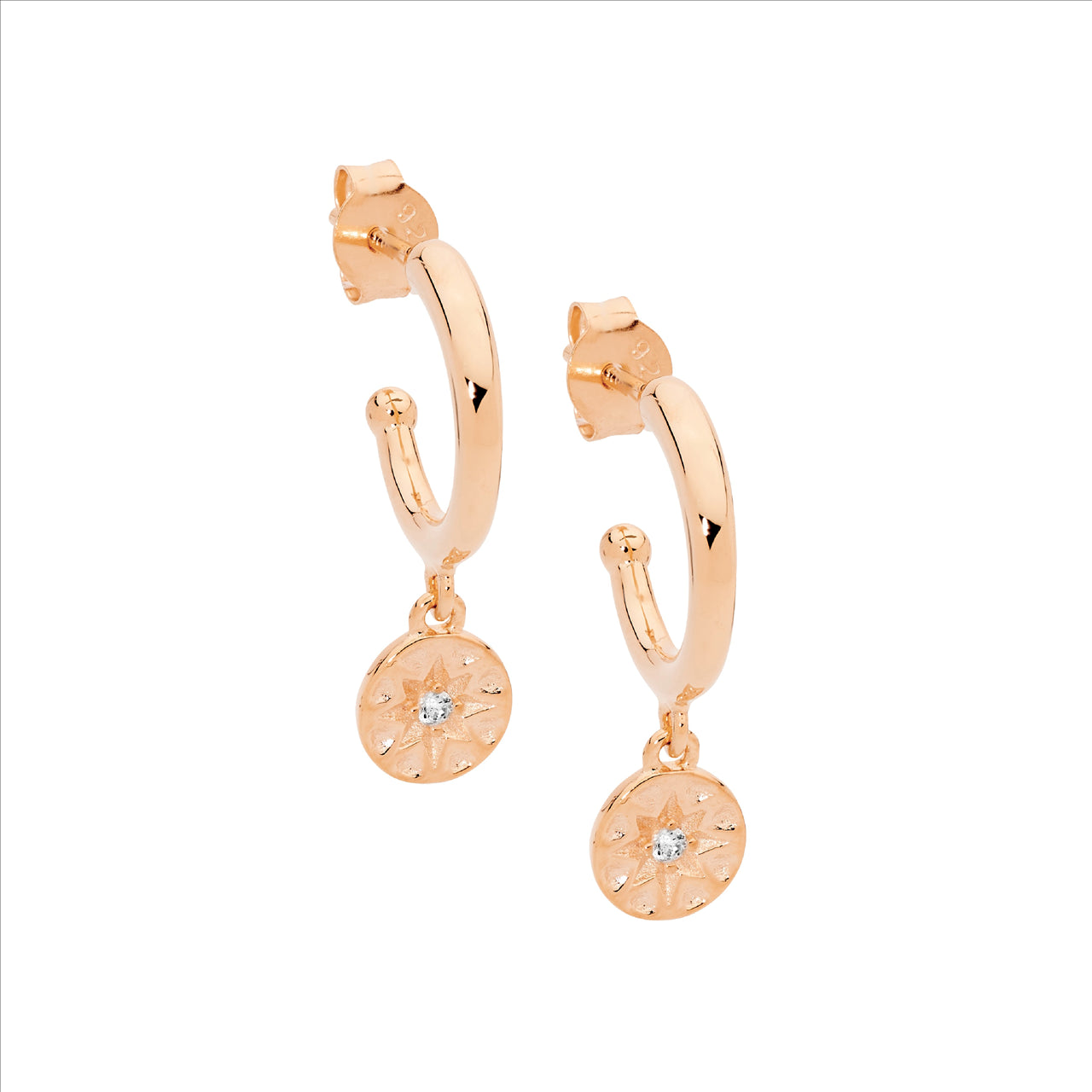 Rose Gold Plated Sterling Silver 13mm Hoop Earrings with White CZ Star Disk