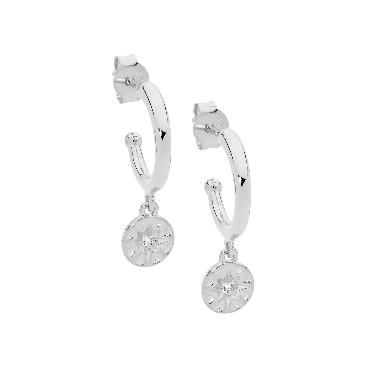 Sterling Silver 13mm Hoop Earrings with White CZ Star Disk