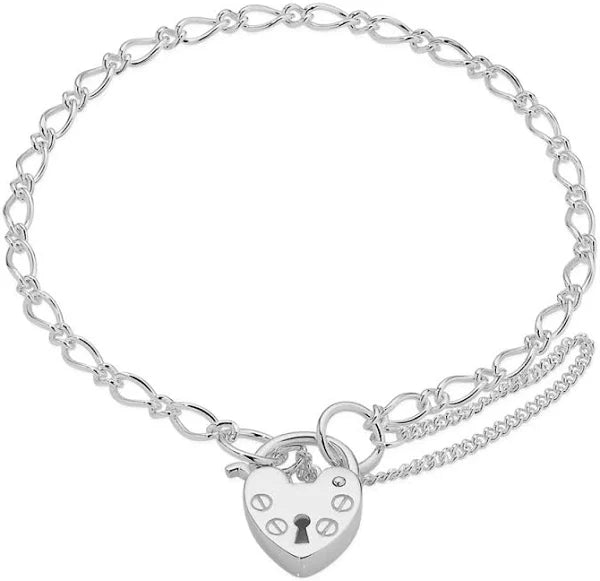 Sterling Silver Oval Figaro 1+1 Padlock Bracelet